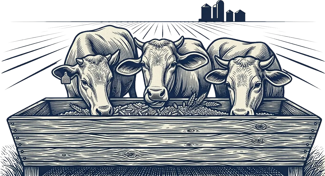 Ilustración agroindustrial con ganado y alimentación animal
